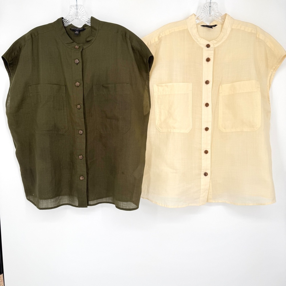 Banana Republic Bundle Sleeveless Banded‎ Collar Utility Shirt Olive Cream XL